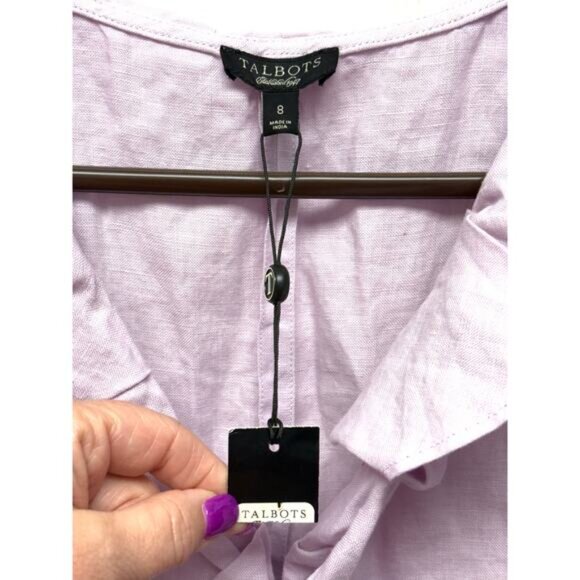 NWT Talbots Linen Dress, Lavender Ruffle Neck, Sleeveless V Neck, Women's Size 8 - Picture 4 of 6
